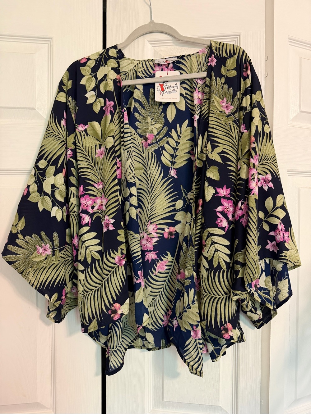 Tropical Floral Kimono in Navy with Pink Flowers